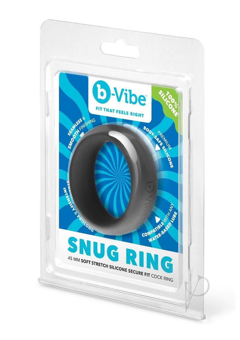 B-Vibe Snug Ring Silicone Cock Ring 45 mm Black packaging showcasing its soft stretch design.