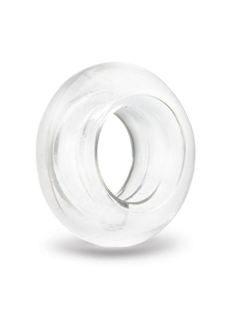 B-Vibe Stretch Tech Choke Cock Ring Clear showcasing its seamless, smooth finish for enhanced comfort.