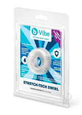 B-Vibe Stretch Tech Swirl Ultra Stretchy Cock Ring Clear packaging with product information and features.