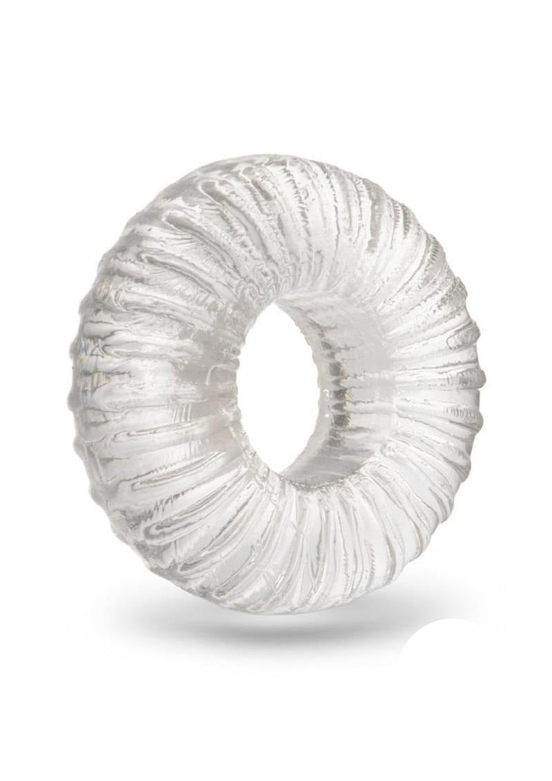 B-Vibe Stretch Tech Swirl Ultra Stretchy Cock Ring Clear showcasing its smooth, durable design and skin-like comfort.