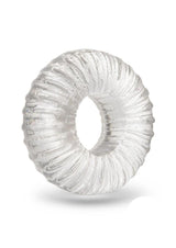 B-Vibe Stretch Tech Swirl Ultra Stretchy Cock Ring Clear showcasing its smooth, durable design and skin-like comfort.