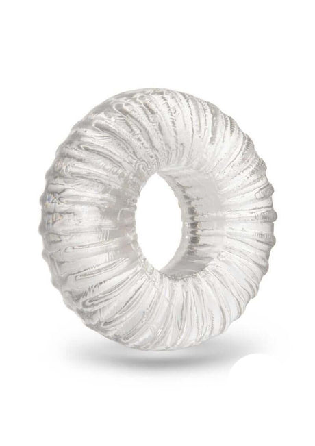 B-Vibe Stretch Tech Swirl Ultra Stretchy Cock Ring Clear showcasing its smooth, durable design and skin-like comfort.