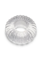 B-Vibe Stretch Tech Swirl Ultra Stretchy Cock Ring Clear showcasing a seamless, durable design for enhanced comfort.