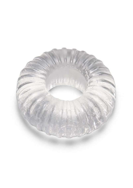 B-Vibe Stretch Tech Swirl Ultra Stretchy Cock Ring Clear showcasing a seamless, durable design for enhanced comfort.