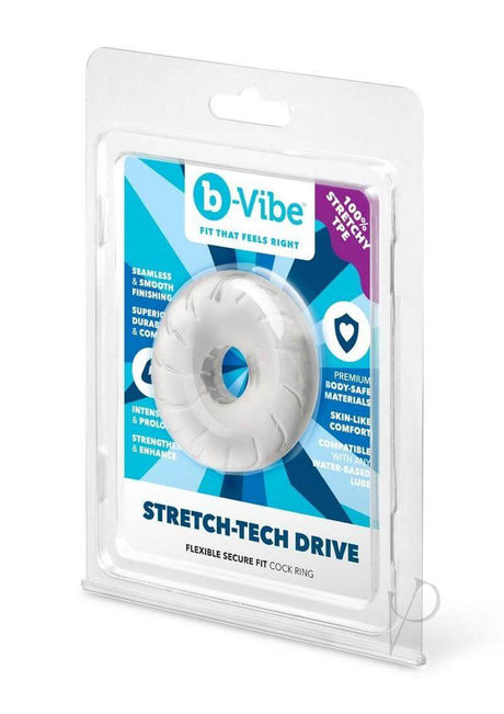 B-Vibe Stretch Tech Drive Ultra Stretchy Cock Ring Clear packaging showcasing its seamless design and stretchable material.