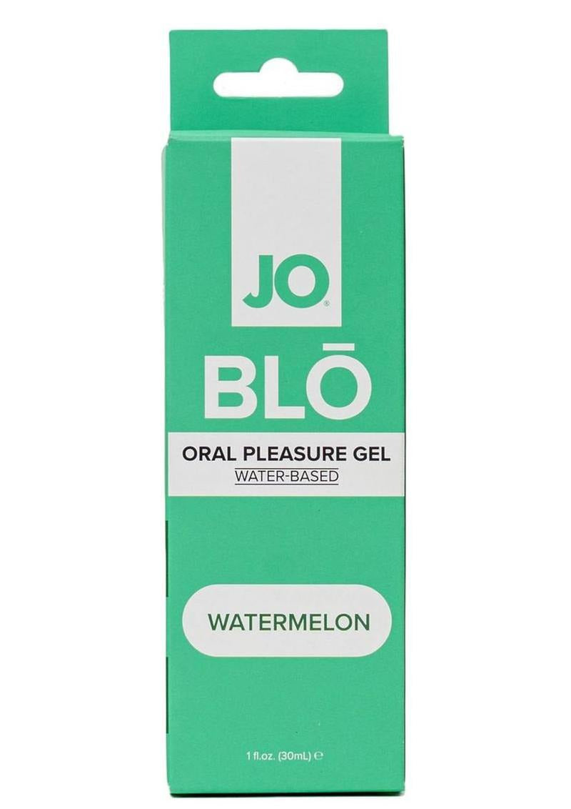 JO Blo Oral Pleasure Gel Watermelon 1 Oz packaging, featuring a green box with watermelon flavor details.