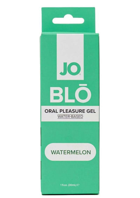 JO Blo Oral Pleasure Gel Watermelon 1 Oz packaging, featuring a green box with watermelon flavor details.