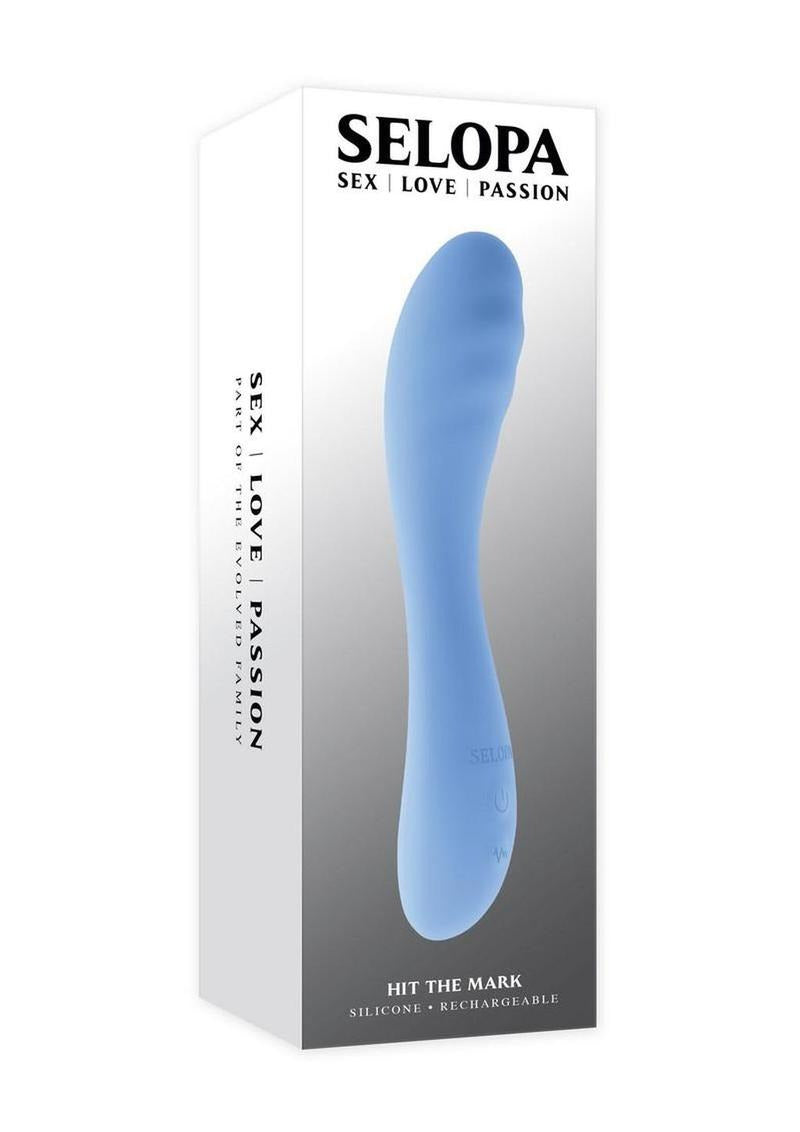 Selopa Hit The Mark Rechargeable Curved Vibrator Blue packaging displaying sleek design and brand name.