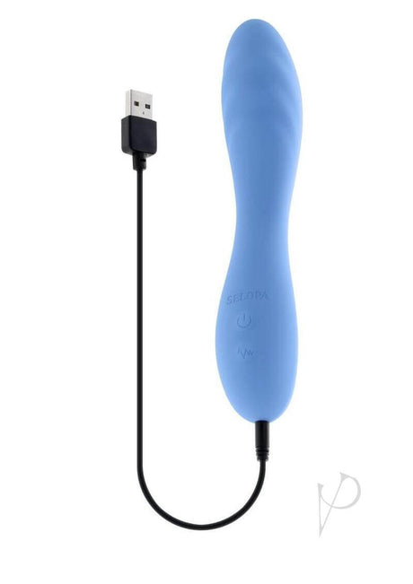 Selopa Hit The Mark Rechargeable Curved Vibrator Blue with USB charging cable, designed for precise pleasure.