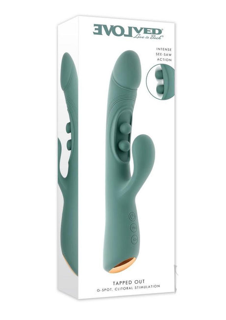 Tapped Out Silicone Vibrator with Stimulator Green packaging illustration showcasing its design and features.