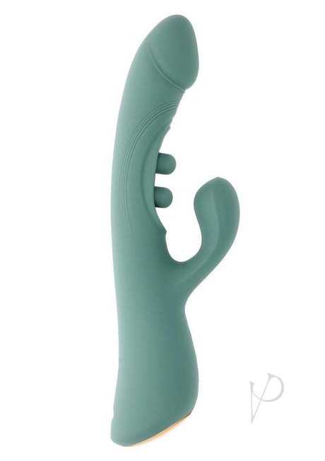 Tapped Out Silicone Vibrator with Stimulator Green side view showcasing its ergonomic design and buttons.