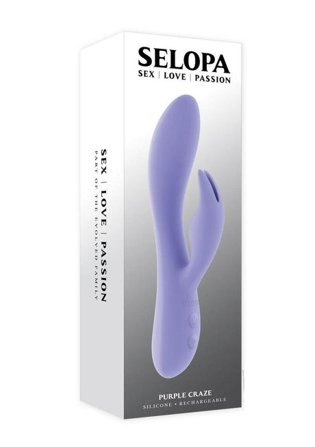 Selopa Purple Craze Rechargeable Silicone Rabbit Vibrator Purple packaging featuring elegant design and stimulating features.