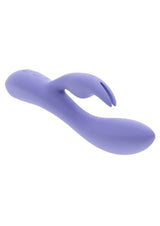 Selopa Purple Craze Rechargeable Silicone Rabbit Vibrator Purple featuring a curved shaft and clitoral stimulator.