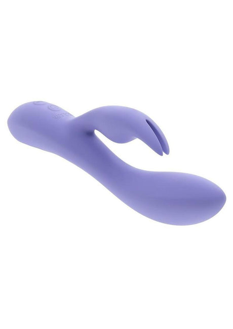 Selopa Purple Craze Rechargeable Silicone Rabbit Vibrator Purple featuring a curved shaft and clitoral stimulator.