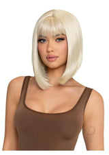 Leg Avenue Angled Bob Wig Blonde worn by a model, showcasing a chic polished look with a salon-style appearance.