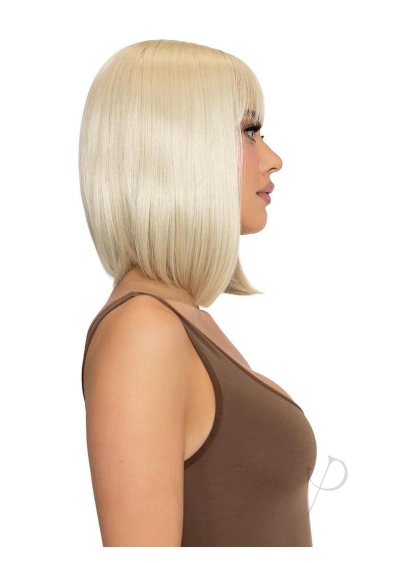 Leg Avenue Angled Bob Wig Blonde styled on a woman with a sleek bob cut and rich blonde color, profile view.