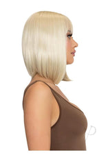 Leg Avenue Angled Bob Wig Blonde styled on a woman with a sleek bob cut and rich blonde color, profile view.