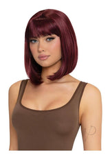 Leg Avenue Angled Bob Wig Burgundy worn by a model showcasing its sleek, stylish bob cut and vibrant color.