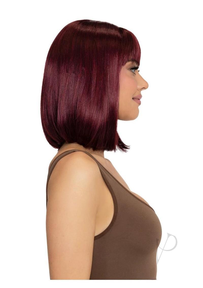 Leg Avenue Angled Bob Wig Burgundy showcased in side view on model with rich burgundy hair.