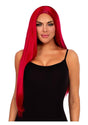 Leg Avenue Long Straight Center Part Wig 33 inches Red worn by model, showcasing vibrant red color and sleek style.