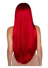 Leg Avenue Long Straight Center Part Wig 33 inches Red showcased from the back, featuring vibrant red straight fibers.