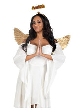 Leg Avenue Metallic Angel Wings & Tinsel Halo Headband Gold worn by a woman in a white dress.