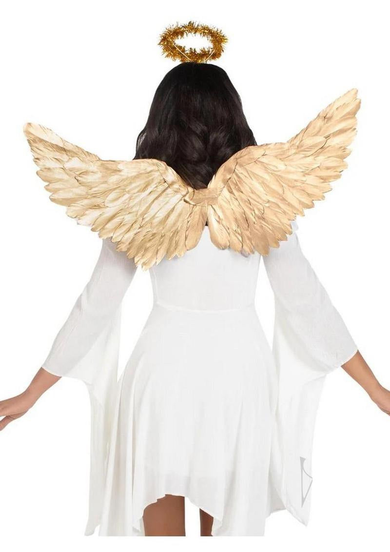Leg Avenue Metallic Angel Wings & Tinsel Halo Headband Gold showcased on a model wearing a white dress.