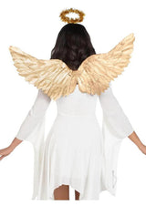 Leg Avenue Metallic Angel Wings & Tinsel Halo Headband Gold showcased on a model wearing a white dress.