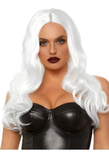 Leg Avenue Long Wavy Wig 27 inch White showcased on a model with long wavy hair and a dark outfit, highlighting the glamorous look.