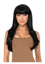 Leg Avenue Long Straight Bang Wig 25 inch Black worn by model with sleek black hair and face-framing bangs.