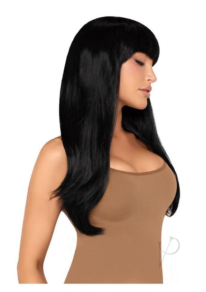 Leg Avenue Long Straight Bang Wig 25 inch Black worn by a model showcasing its sleek, poker-straight design.