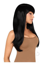 Leg Avenue Long Straight Bang Wig 25 inch Black worn by a model showcasing its sleek, poker-straight design.