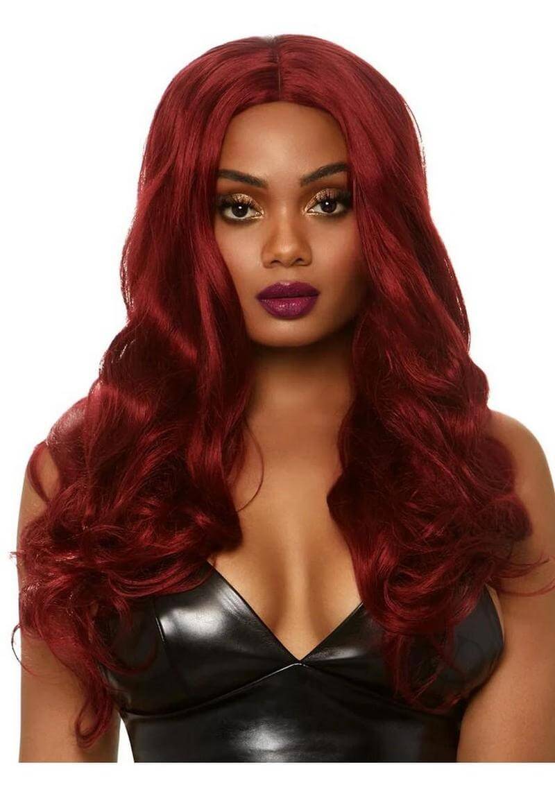 Leg Avenue Long Wavy Wig 27 inch Burgundy worn by a model with long, wavy burgundy hair and bold makeup.