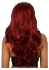 Leg Avenue Long Wavy Wig 27 inch Burgundy shown from the back showcasing soft, cascading waves and vibrant color.