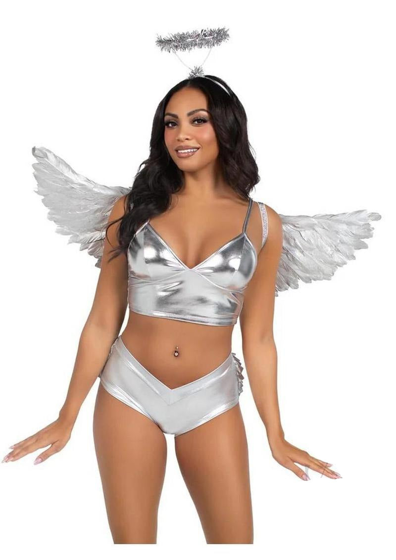 Leg Avenue Metallic Angel Wings & Tinsel Halo Headband Silver worn by model showing silver angel wings and halo.