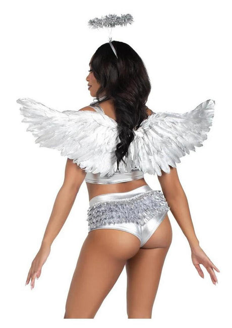 Leg Avenue Metallic Angel Wings & Tinsel Halo Headband Silver shown worn by a model from the back, featuring metallic wings and halo.