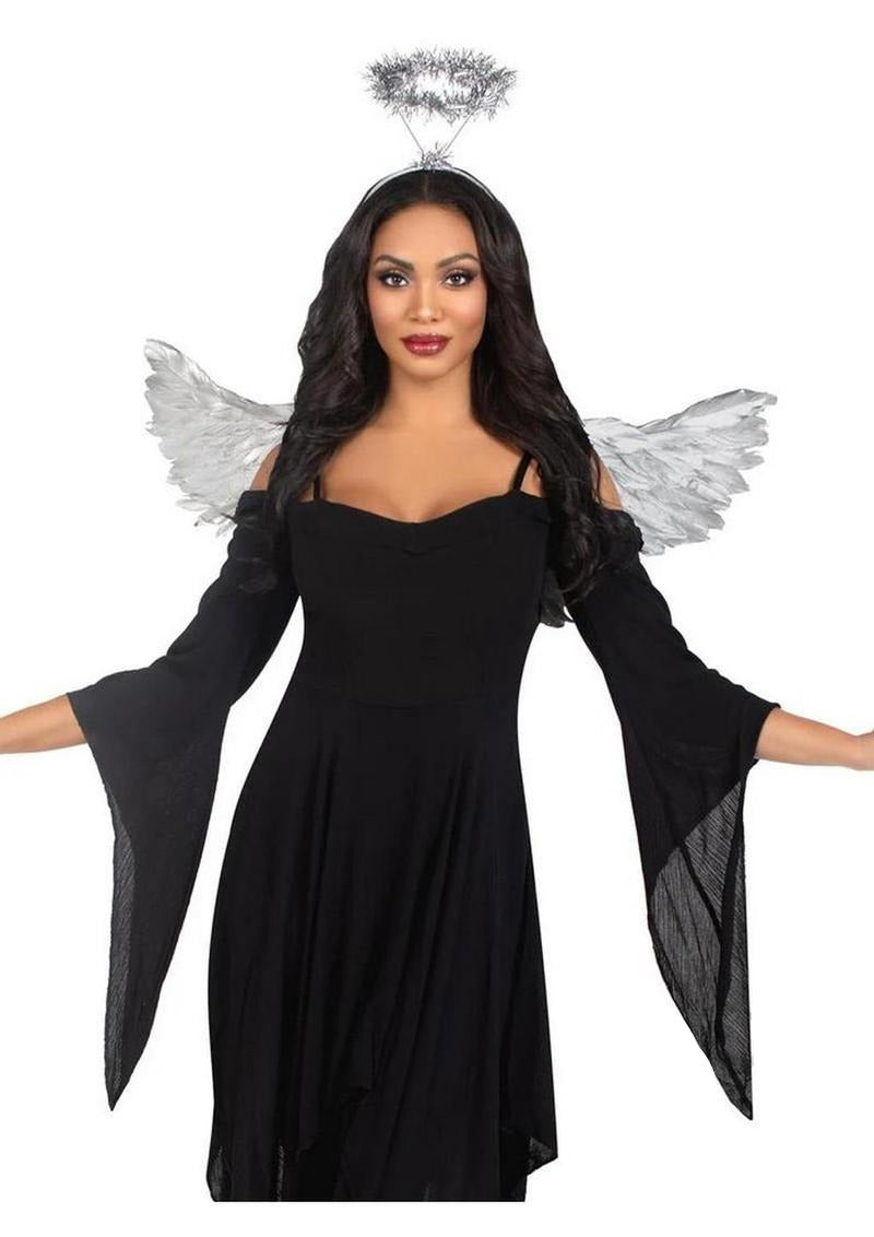 Leg Avenue Metallic Angel Wings & Tinsel Halo Headband Silver worn by a model in a black dress with flowing sleeves.