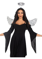 Leg Avenue Metallic Angel Wings & Tinsel Halo Headband Silver worn by a model in a black dress with flowing sleeves.