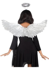 Leg Avenue Metallic Angel Wings & Tinsel Halo Headband Silver on a model with a black dress and shimmering wings.