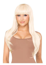 Leg Avenue Long Straight Bang Wig 25 inch Blonde model wearing the wig with sleek, straight strands and blunt bangs.