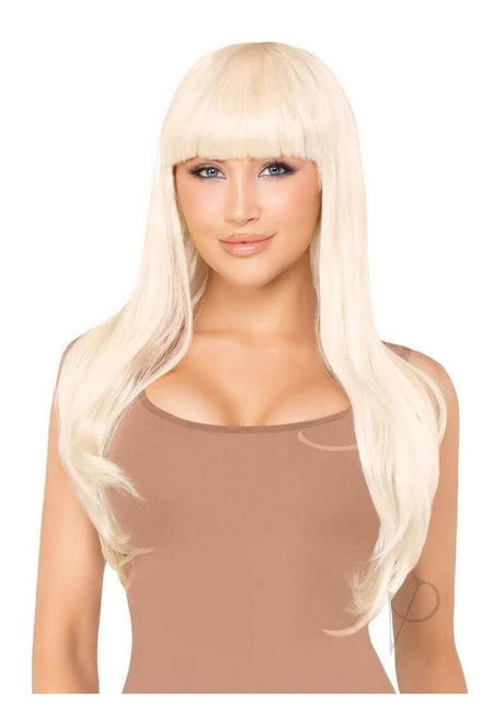 Leg Avenue Long Straight Bang Wig 25 inch Blonde model wearing the wig with sleek, straight strands and blunt bangs.