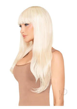Leg Avenue Long Straight Bang Wig 25 inch Blonde displayed on a model with straight blonde hair and blunt bangs.