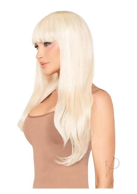 Leg Avenue Long Straight Bang Wig 25 inch Blonde displayed on a model with straight blonde hair and blunt bangs.