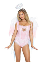 Leg Avenue Angel Ombre Chiffon Wings & Headband model wearing pink costume with wings and halo.