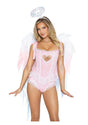Leg Avenue Angel Ombre Chiffon Wings & Headband model wearing pink costume with wings and halo.