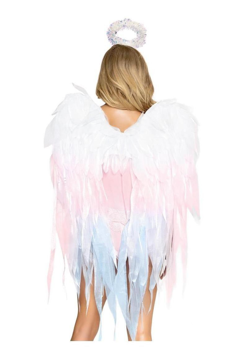 Leg Avenue Angel Ombre Chiffon Wings & Headband shown with pastel wings and halo headband from the back.