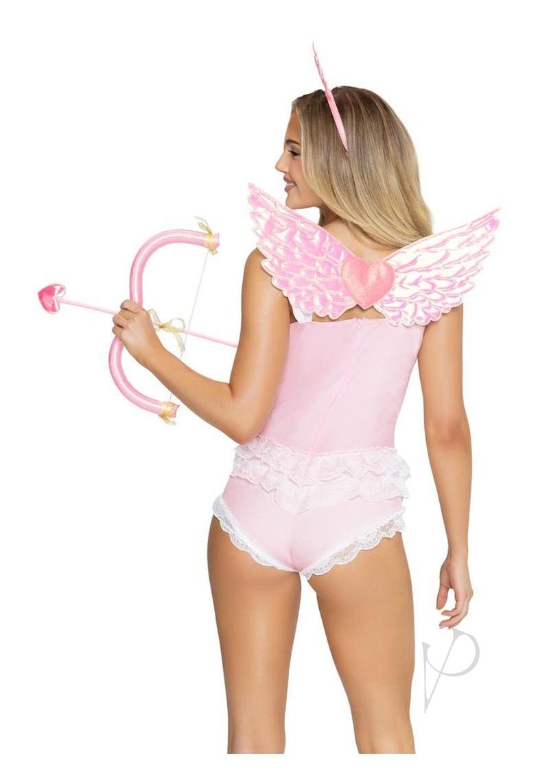 Leg Avenue Cupid Costume 4 Piece Set Pink worn by model with wings and bow, perfect for Valentine's Day or themed parties.
