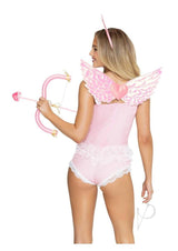 Leg Avenue Cupid Costume 4 Piece Set Pink worn by model with wings and bow, perfect for Valentine's Day or themed parties.