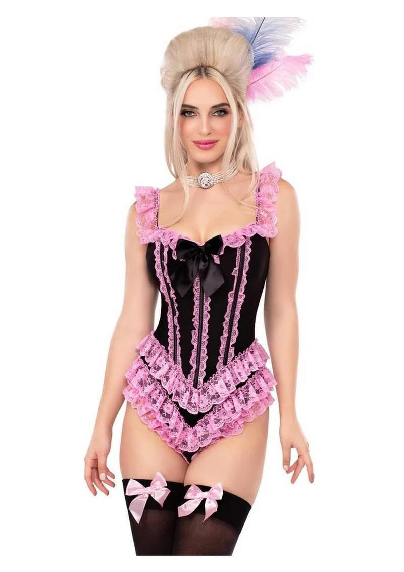 Leg Avenue Boned Ruffle Bodysuit with Bow Medium Black Pink worn by a model with lace ruffles and satin bow.
