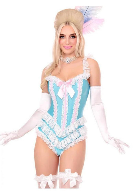 Leg Avenue Boned Ruffle Bodysuit with Bow Xlarge Blue White model wearing the costume with lace details and a satin bow.